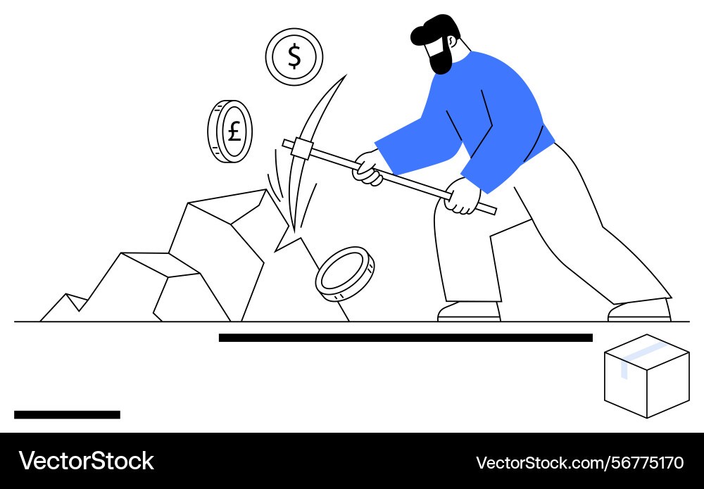 Man mining rocks to extract currency coins Vector Image