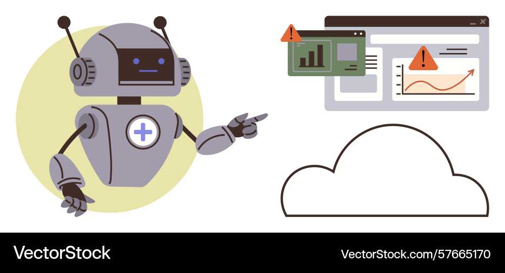Robot analyzing data alerts on digital dashboard Robot analyzing data alerts on digital dashboard vector image