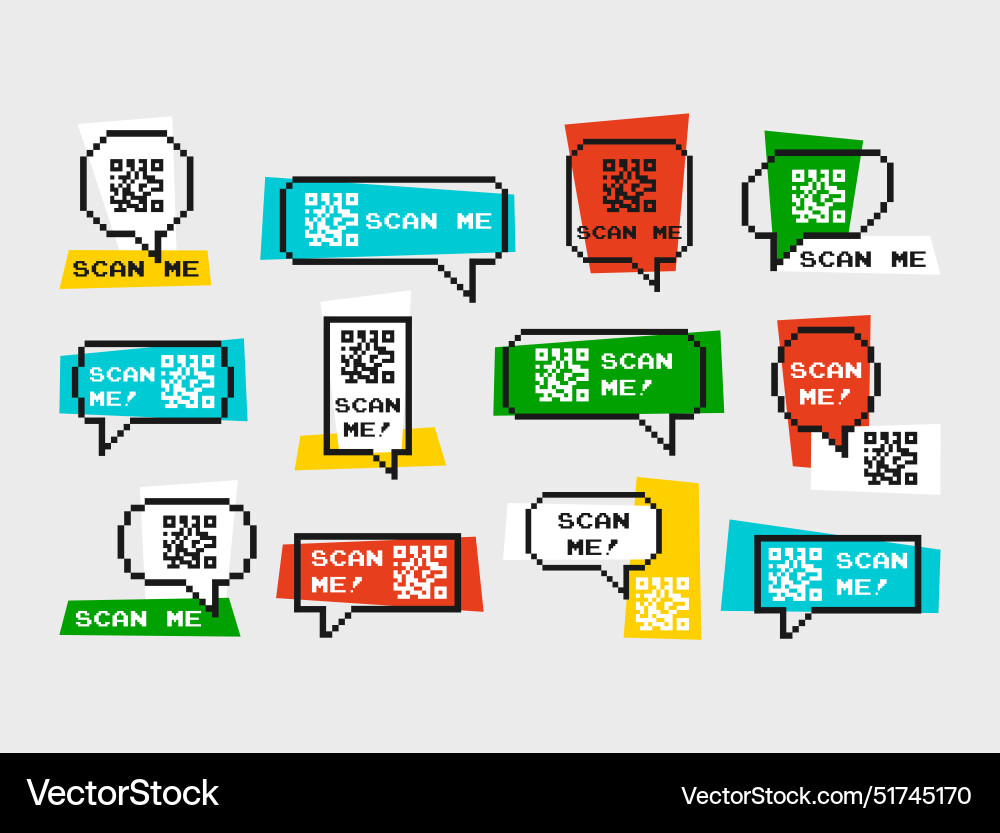 Scan me qr code in pixel speech bubble frame Scan me qr code in pixel speech bubble frame vector image