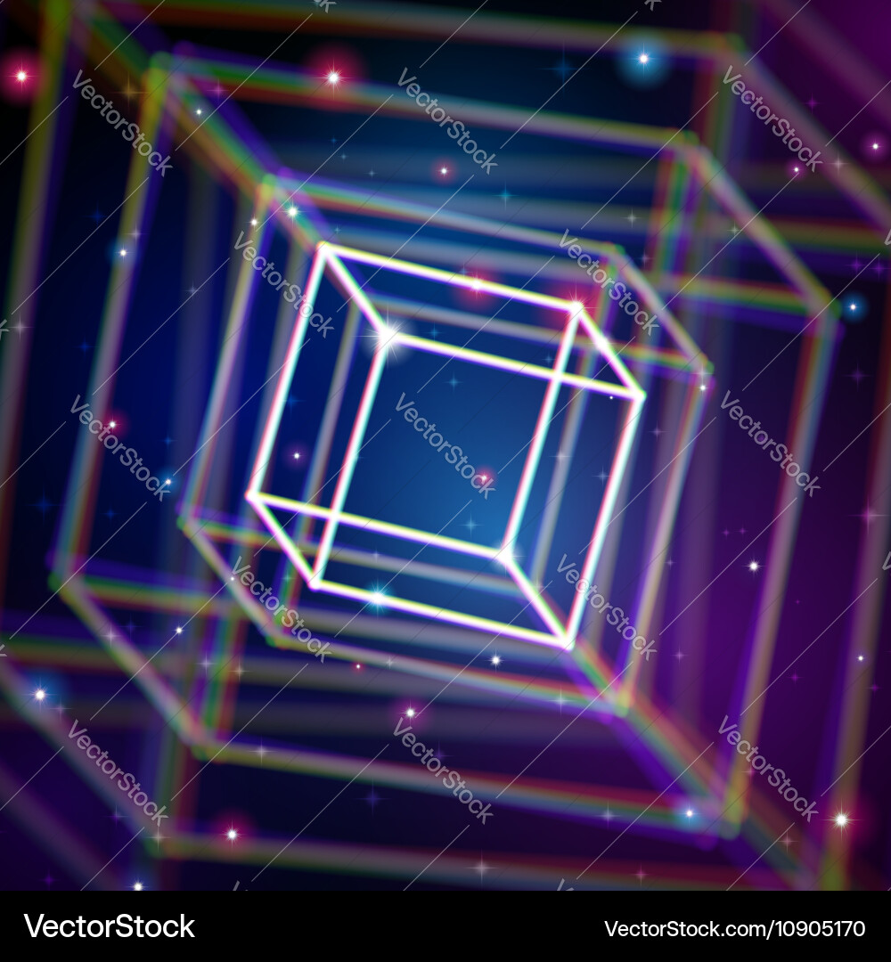 Shiny cube with color aberrations in space Vector Image