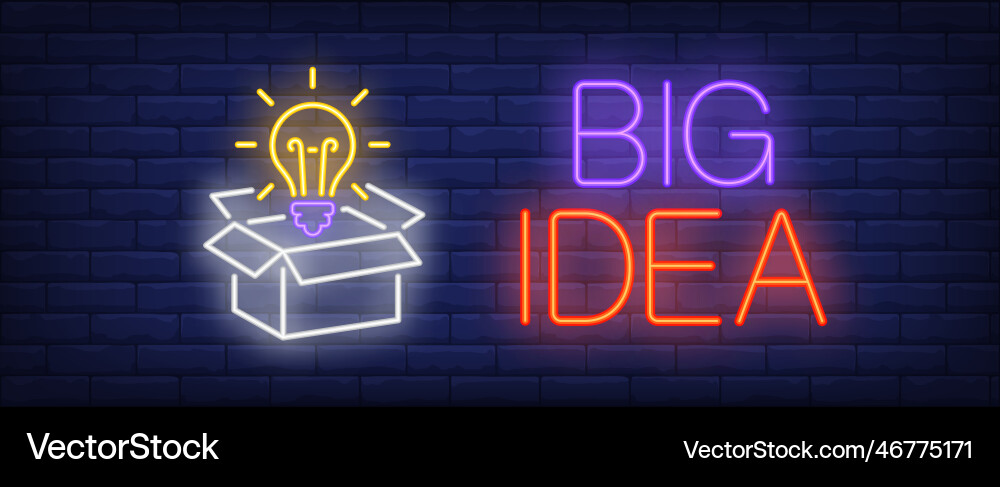Big idea neon text with light bulb and open box Big idea neon text with light bulb and open box Vector Image