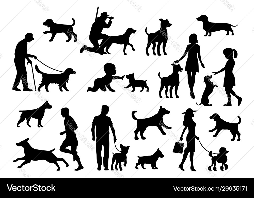 Dog and People Silhouettes Vector Image