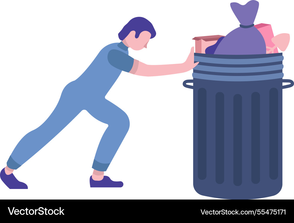 Man pushing garbage trash bin icon vector image