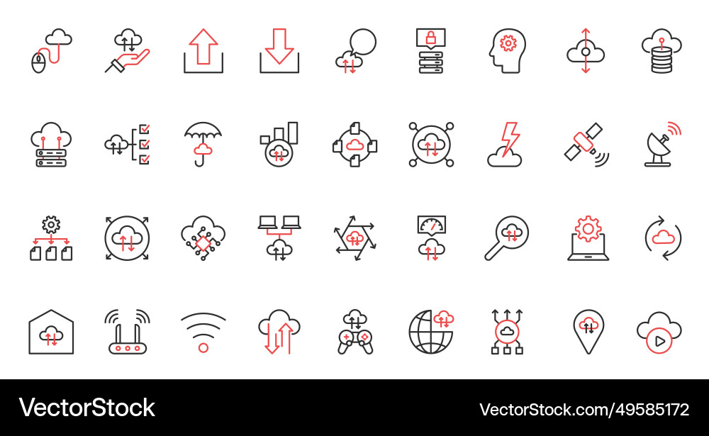 Cloud computing red black thin line data transfer vector image