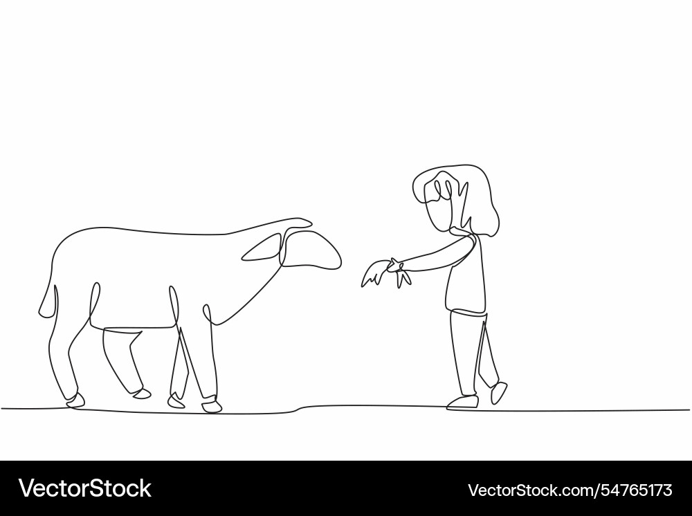 Continuous one line drawing girl feeding grass Continuous one line drawing girl feeding grass vector image