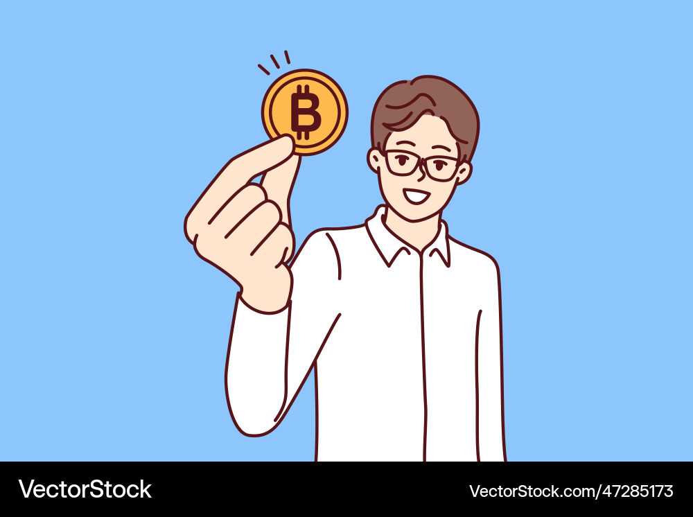 Man trader with bitcoin coin calls for mining Man trader with bitcoin coin calls for mining vector image