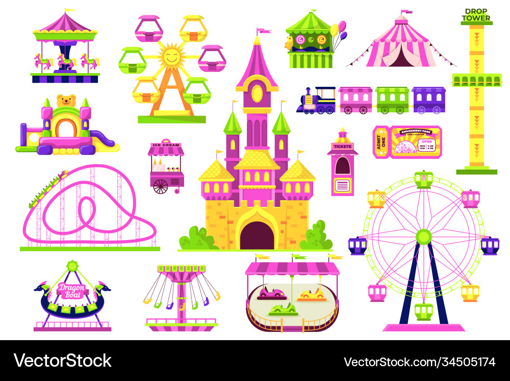 Amusement park for fun fair objects set isolated Vector Image