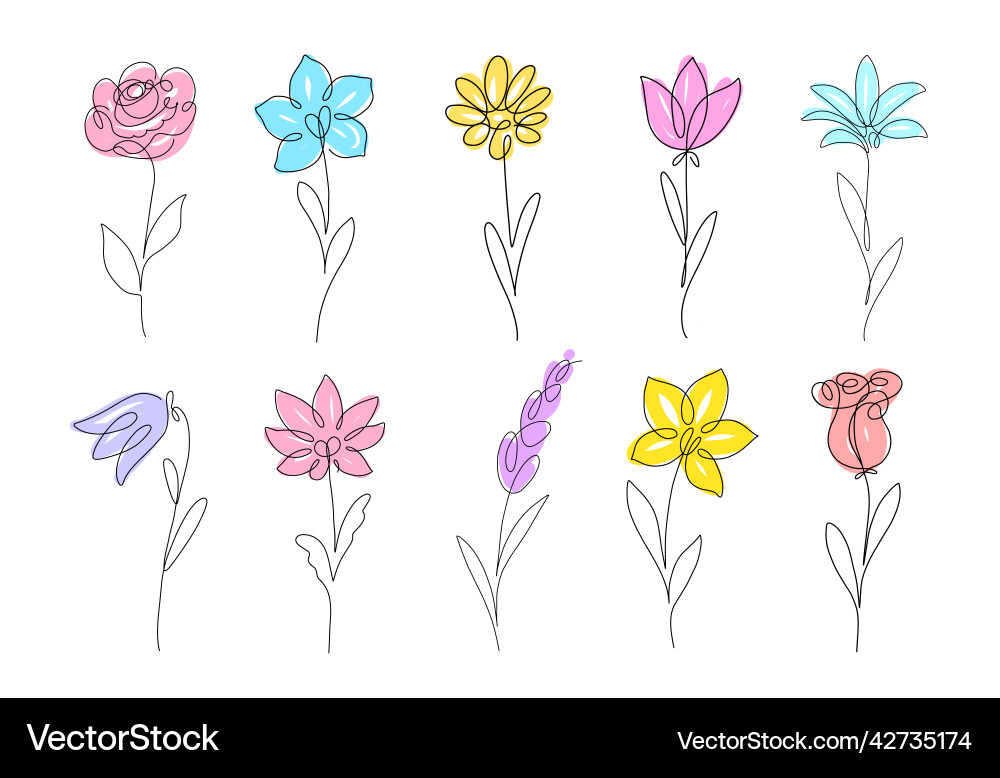 Flower set continuous line drawing plants one Flower set continuous line drawing plants one vector image
