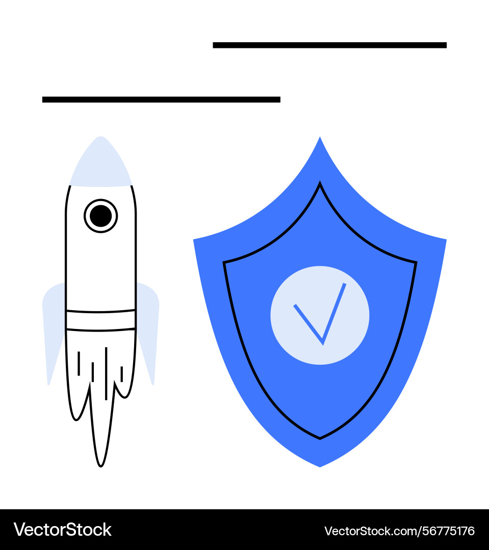 Rocket launch and shield with checkmark Rocket launch and shield with checkmark vector image