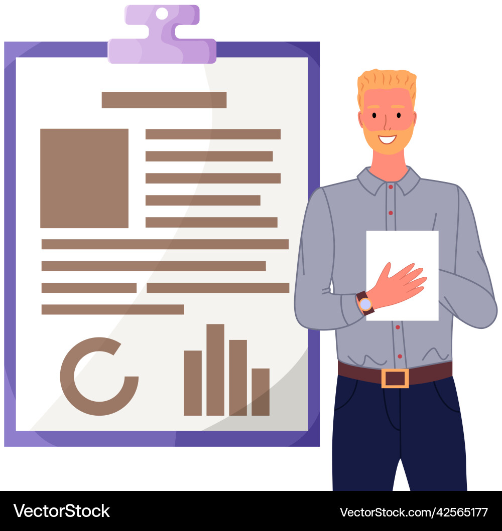 Man analyses digital report with data statistical Man analyses digital report with data statistical Vector Image