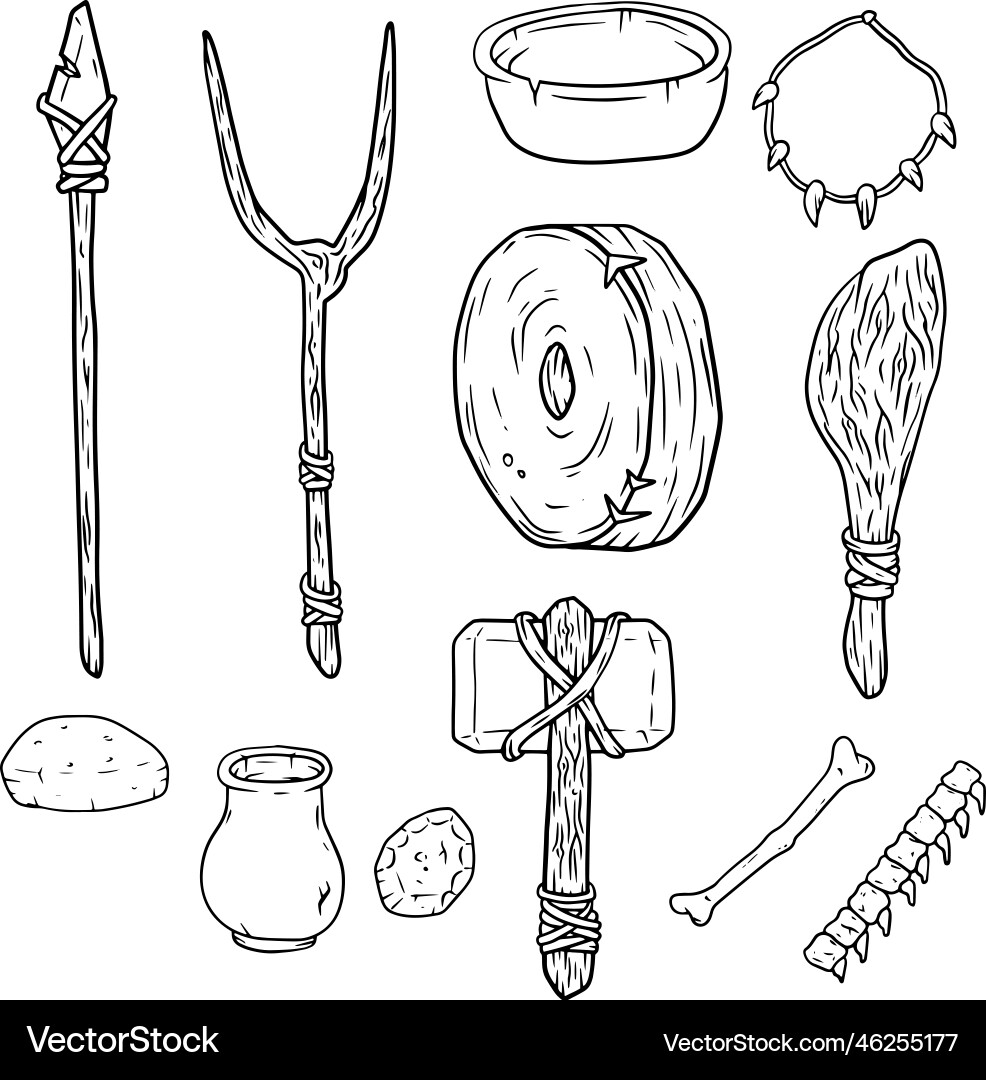 Set of items primitive man and hunter Vector Image