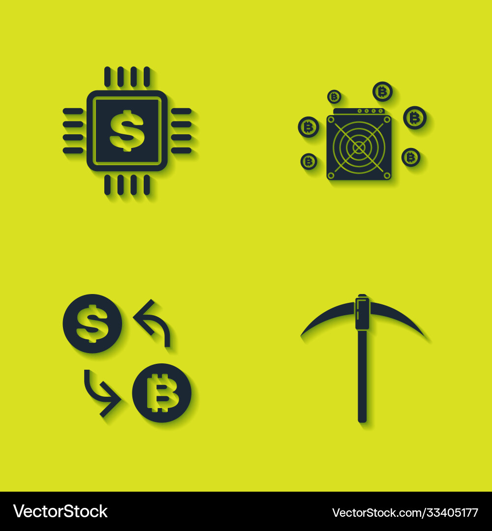 Set processor chip with dollar pickaxe Set processor chip with dollar pickaxe vector image