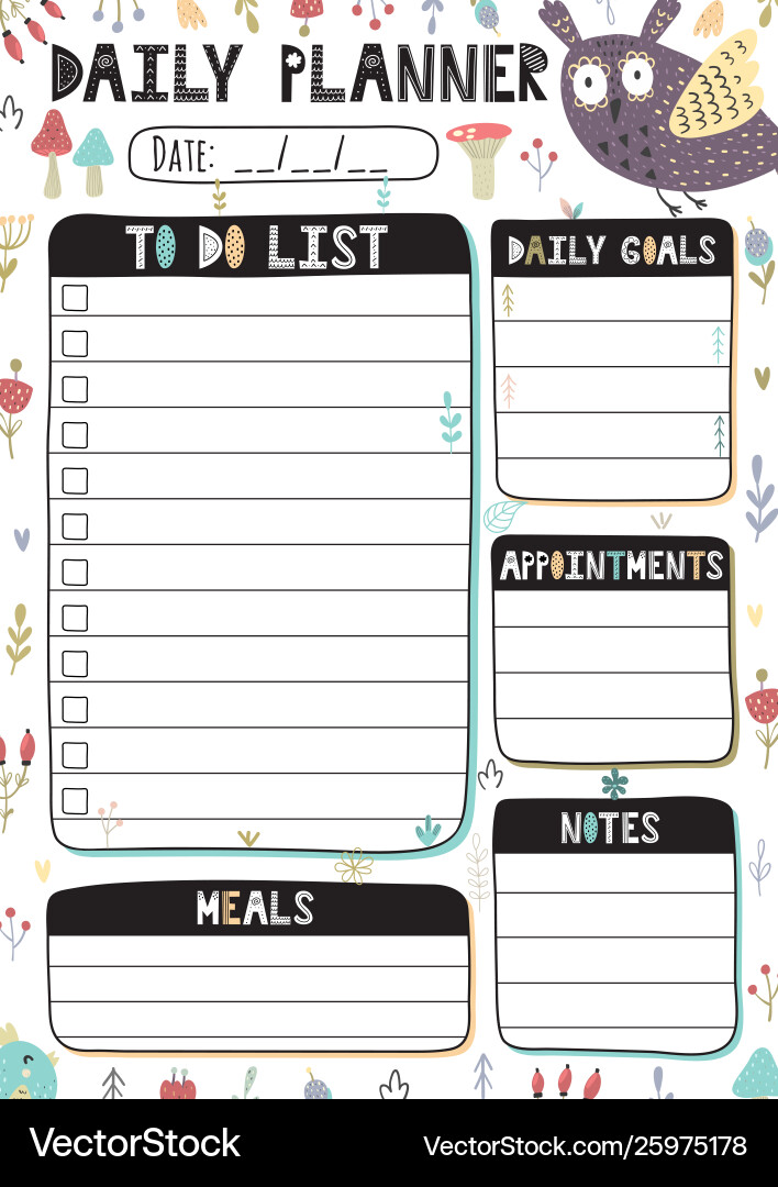 daily-planner-with-cute-owl-printable-template-vector-image for Cute Daily Planner Printable Free Daily planner with cute owl printable template Vector Image for Cute Daily Planner Printable Free