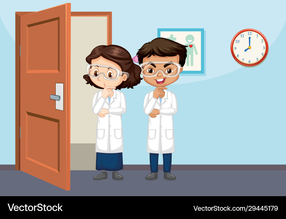 Classroom scene with two science students inside Vector Image