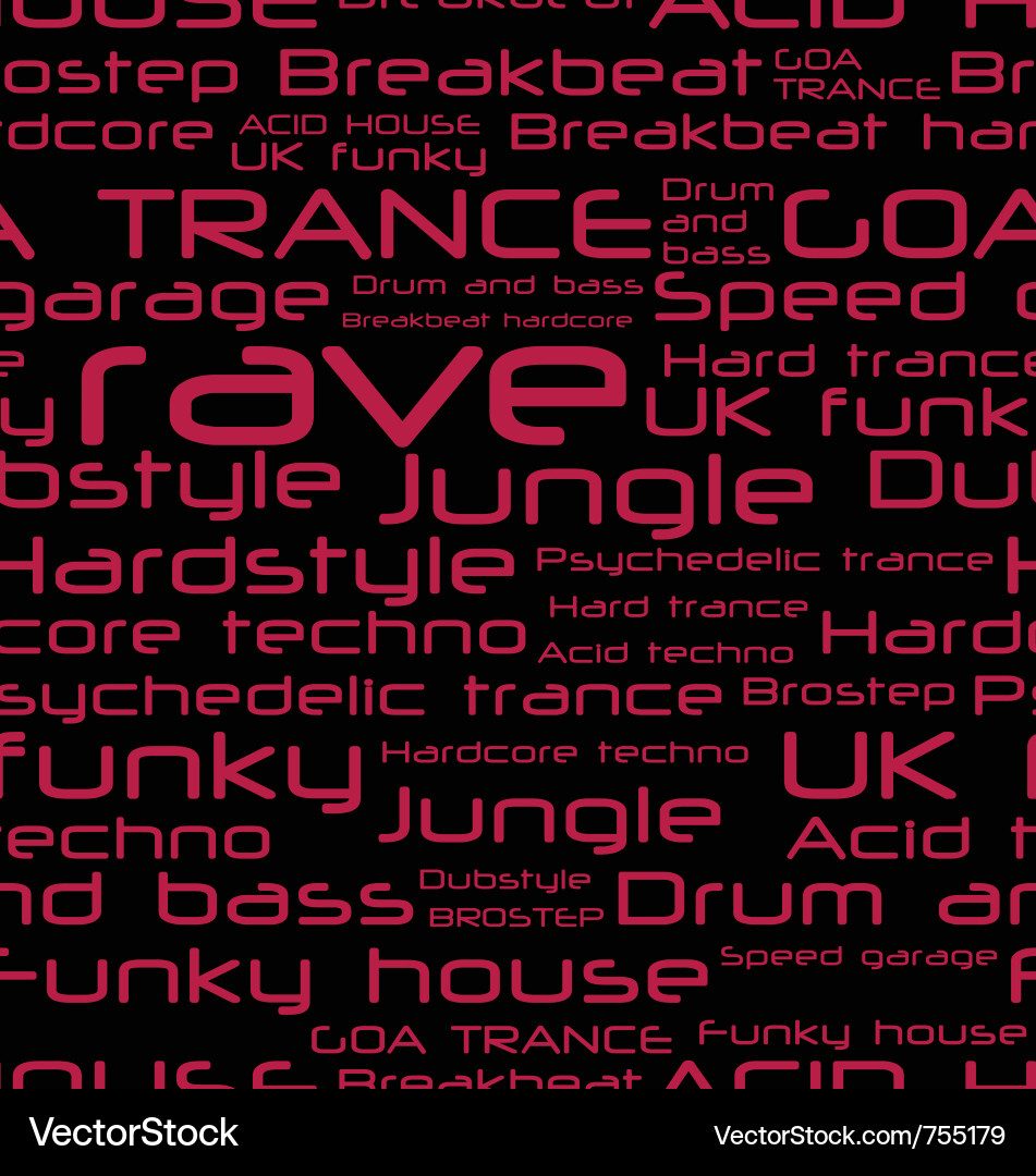 Rave Music Background - Colorful Word Collage Vector Image