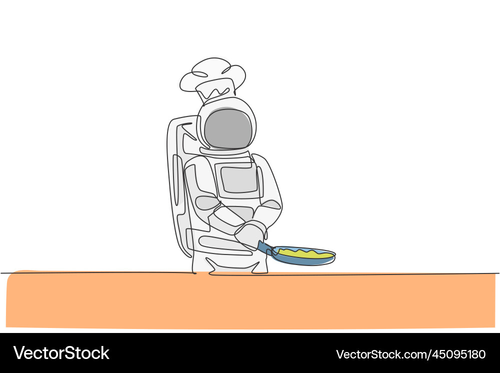 One continuous line drawing astronaut chef frying Vector Image