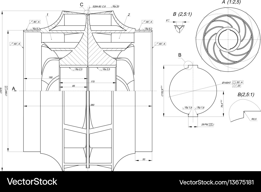 Engineering Wheel Sketch with Annotations vector image
