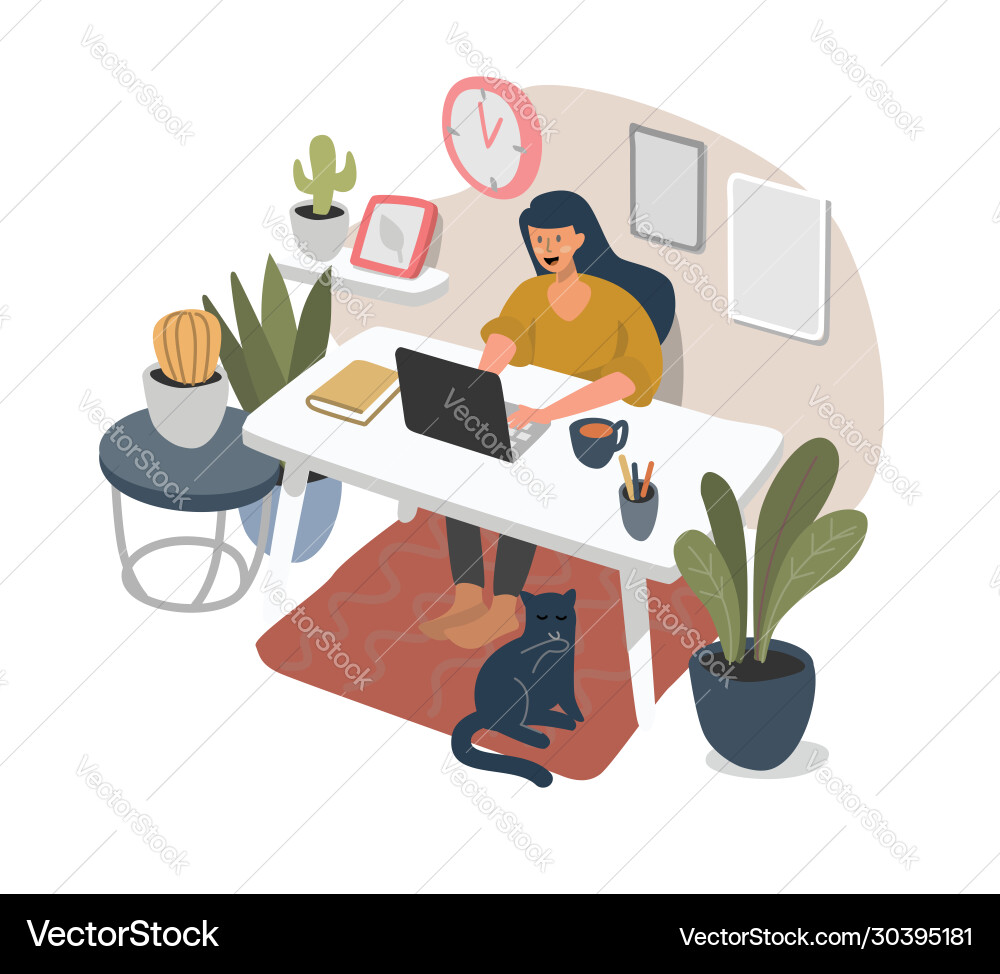 Girl sitting at home with laptop and working Girl sitting at home with laptop and working vector image