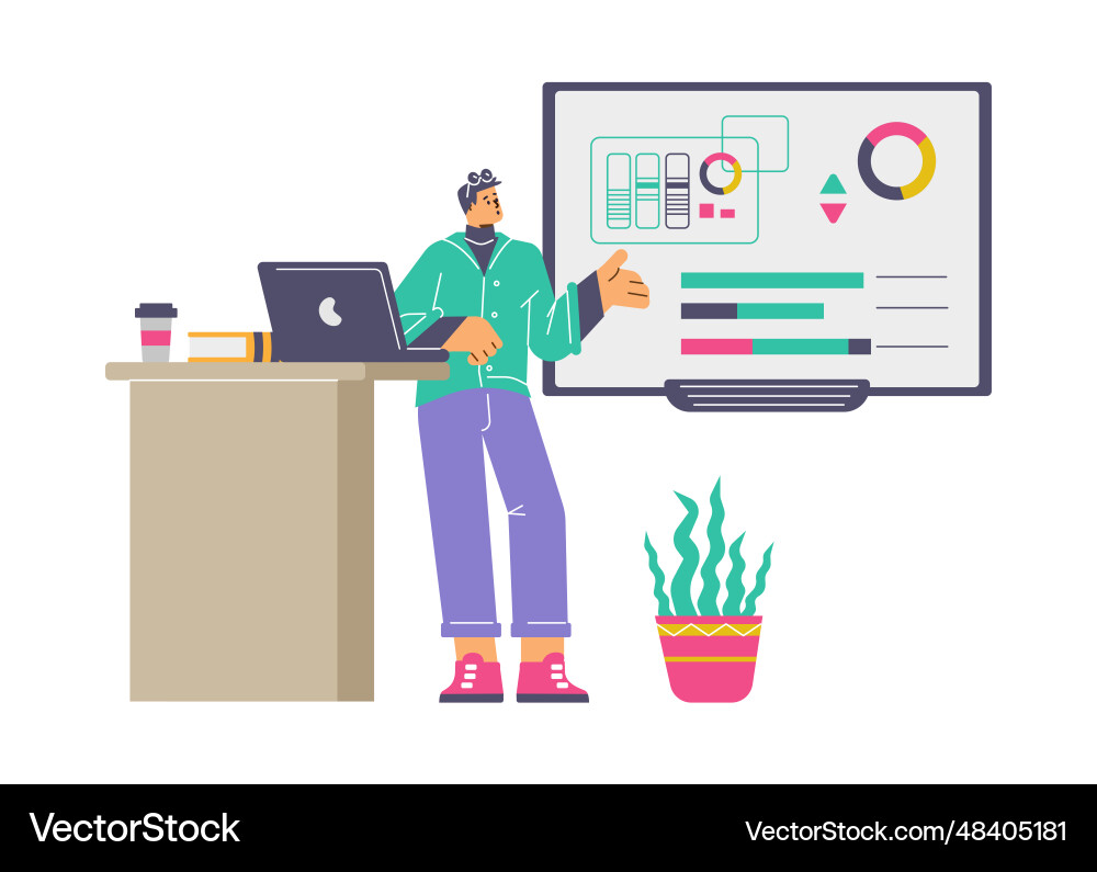 Man presenting and explaining on screen statistics Man presenting and explaining on screen statistics Vector Image
