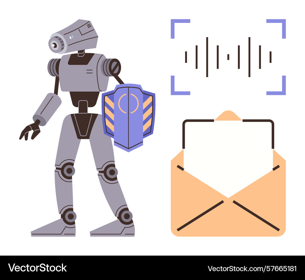Robot with a shield sound waveform and email Robot with a shield sound waveform and email vector image