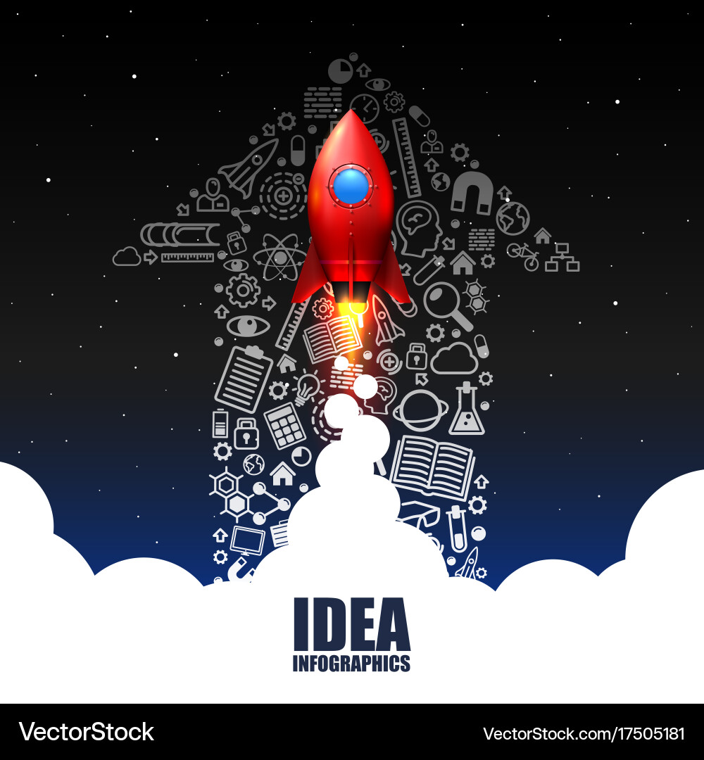 Rocket with icons on the clouds background Vector Image