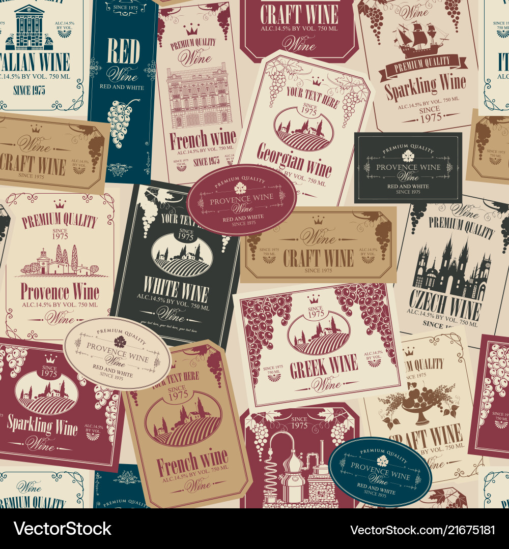Seamless pattern with various wine labels Seamless pattern with various wine labels vector image