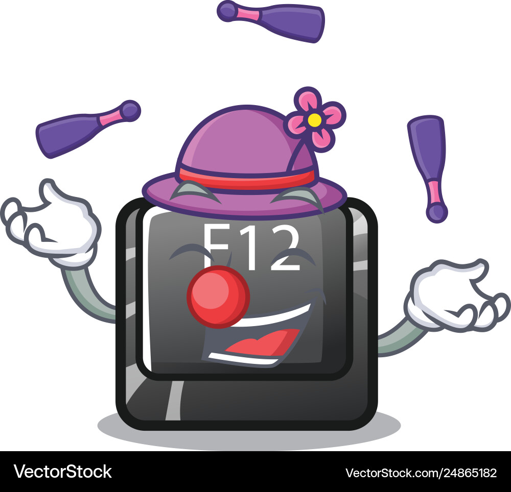 Juggling f12 button installed on cartoon computer Juggling f12 button installed on cartoon computer vector image