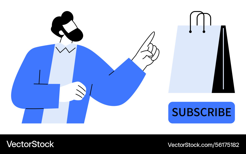 Man pointing at shopping bag and subscribe button Vector Image