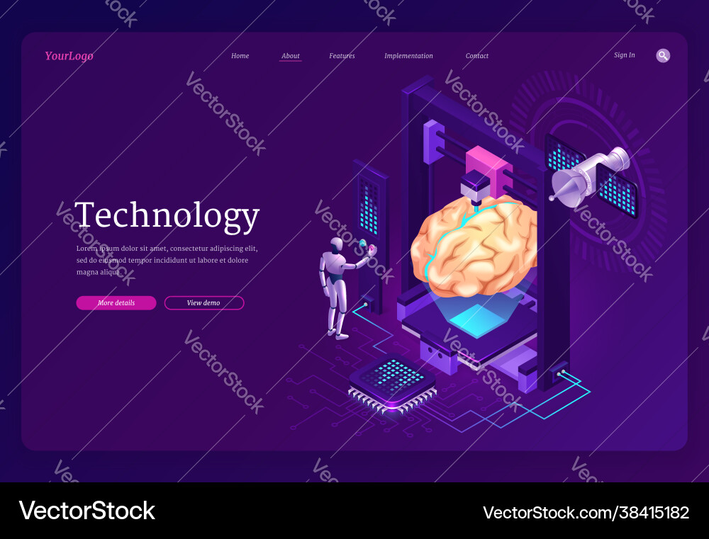 Technology isometric landing page ai robot brain Technology isometric landing page ai robot brain vector image