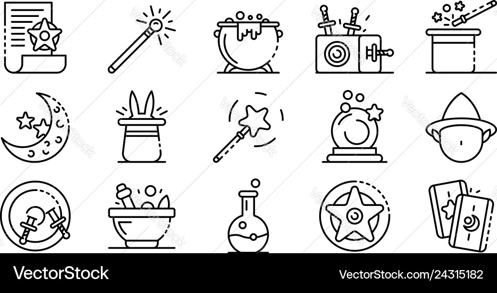 Wizard tools icons set outline style Wizard tools icons set outline style vector image