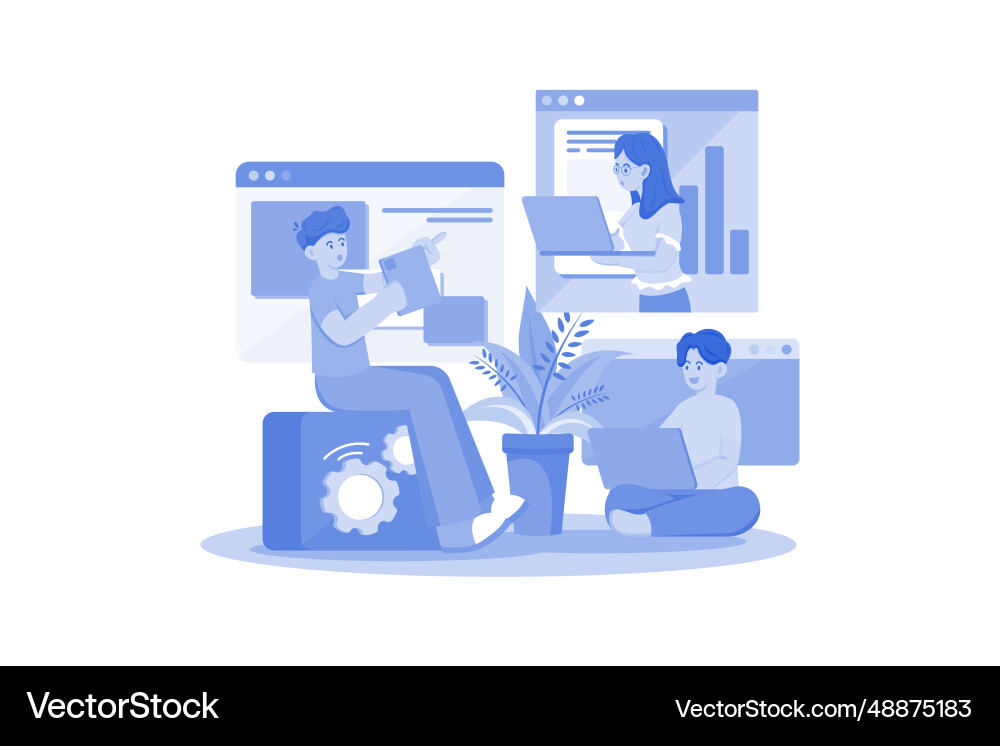 A group of workers working on projects in team Vector Image