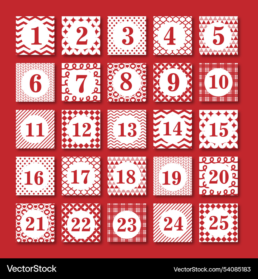 Advent calendar for 25 red with different patterns Advent calendar for 25 red with different patterns Vector Image
