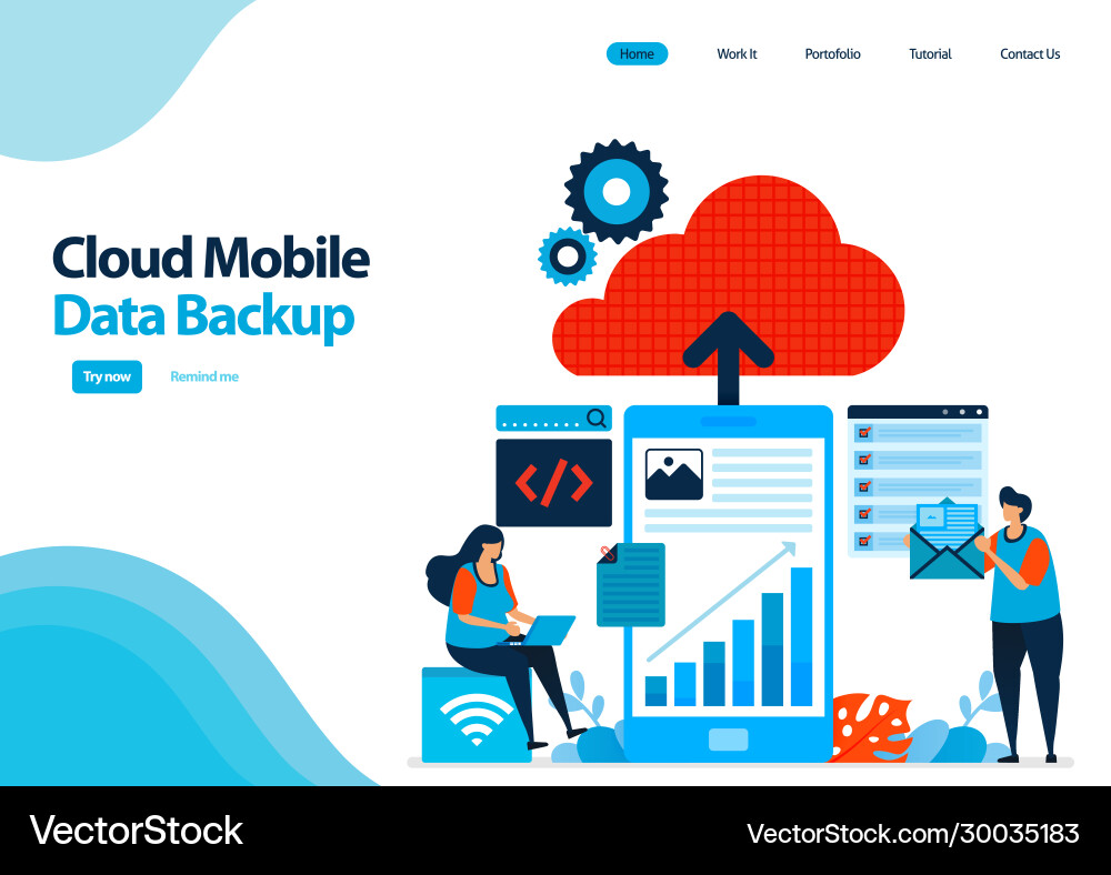Landing page template backup mobile work data Landing page template backup mobile work data Vector Image