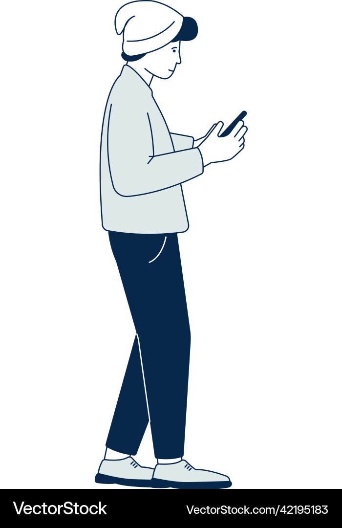 Man in warm clothes with smartphone guy using Man in warm clothes with smartphone guy using Vector Image