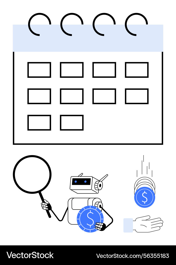 Robot analyzing financial calendar with magnifying Robot analyzing financial calendar with magnifying vector image