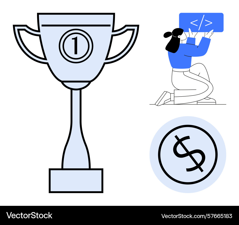 Trophy for achievement programmer writing code Trophy for achievement programmer writing code vector image