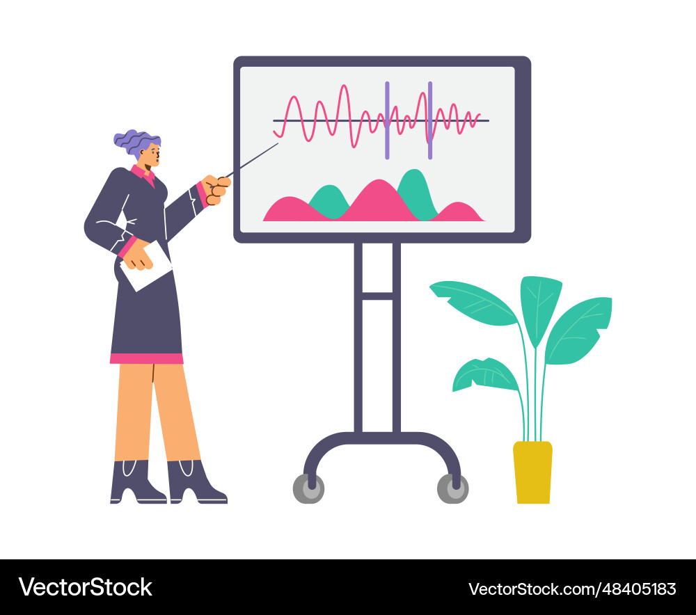 Woman with pointer presenting and explaining Vector Image