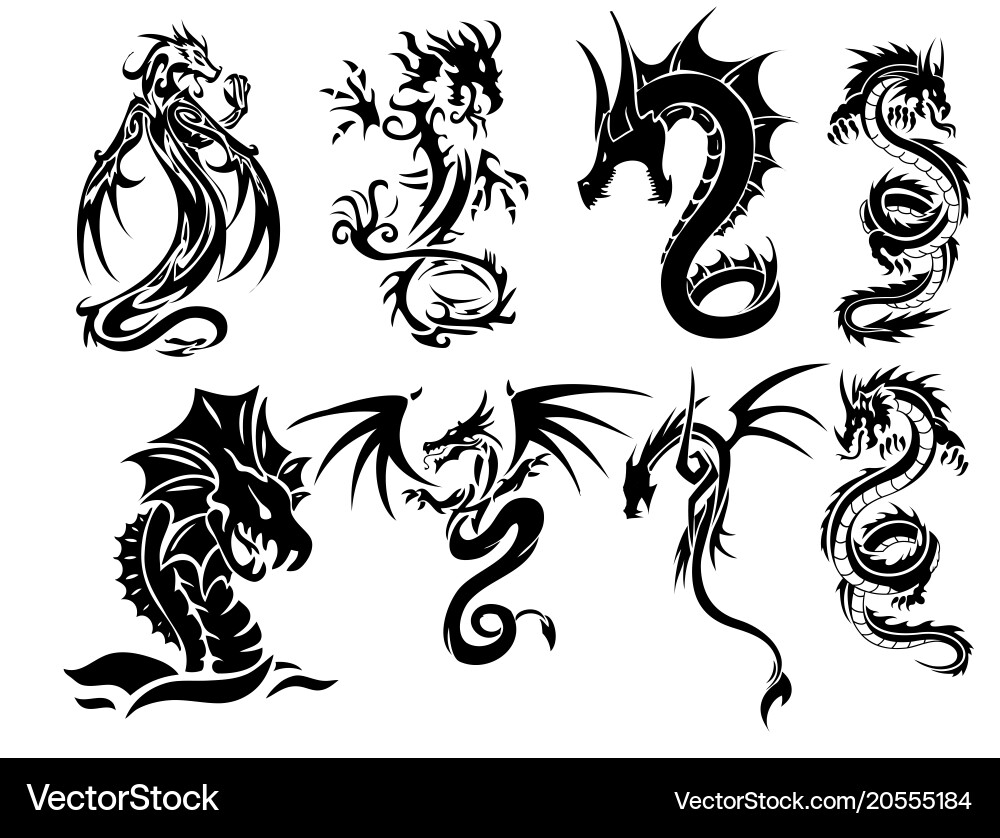 Dragon and Snake Tribal Tattoo Set Vector Image