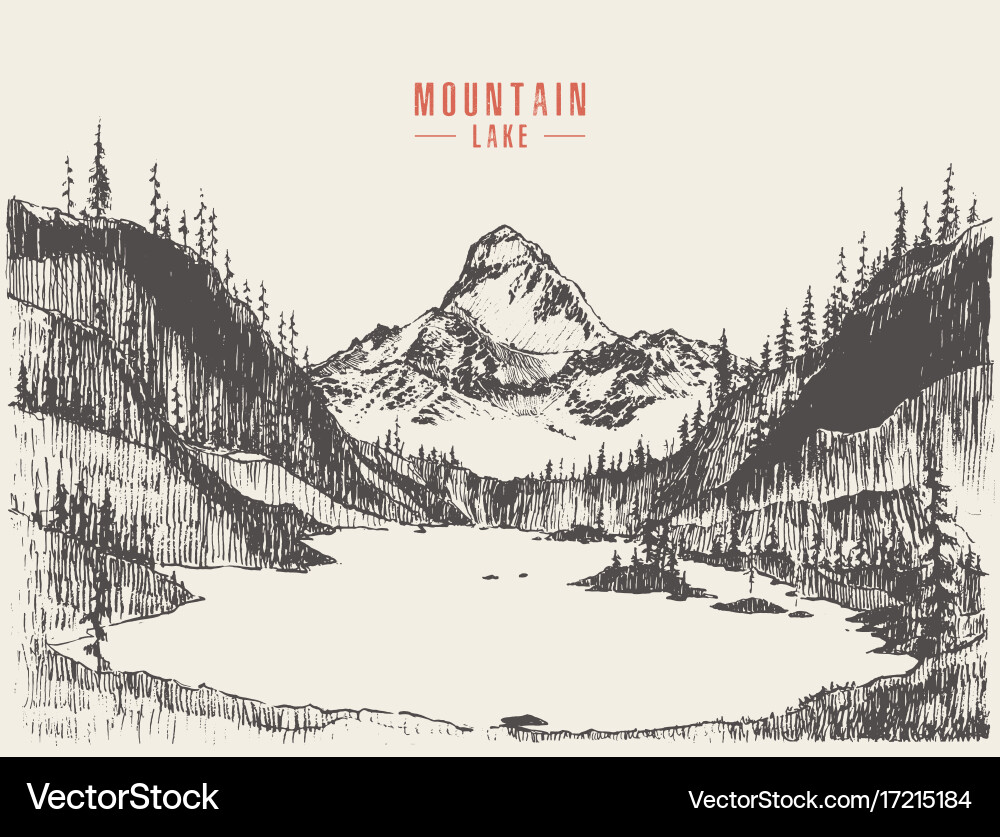 Hand-drawn Mountain Lake Scene Vector Image