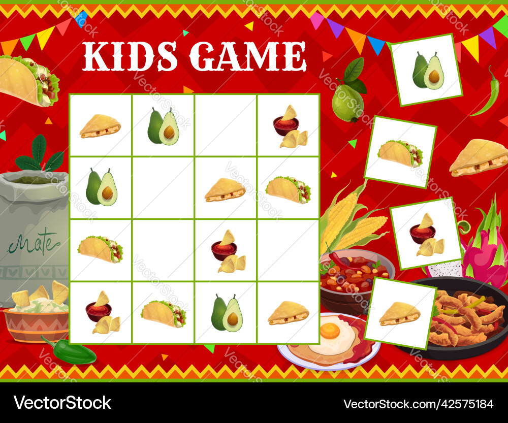 Sudoku game mexican cuisine meals fruits snacks Sudoku game mexican cuisine meals fruits snacks vector image