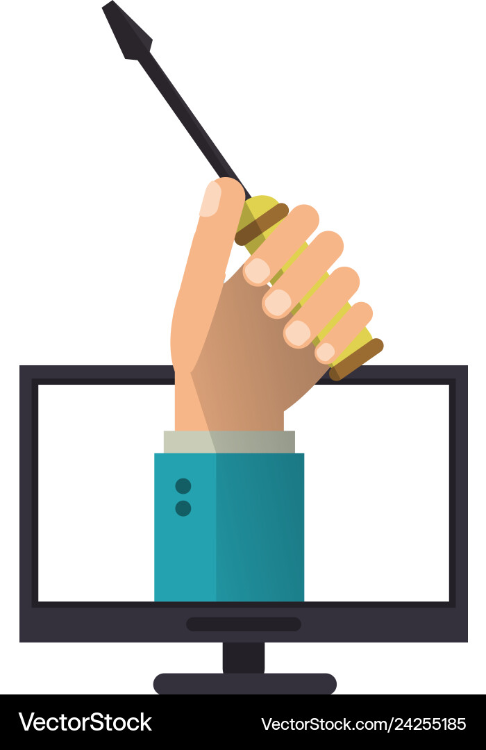Hand with screwdriver on computer screen Hand with screwdriver on computer screen Vector Image