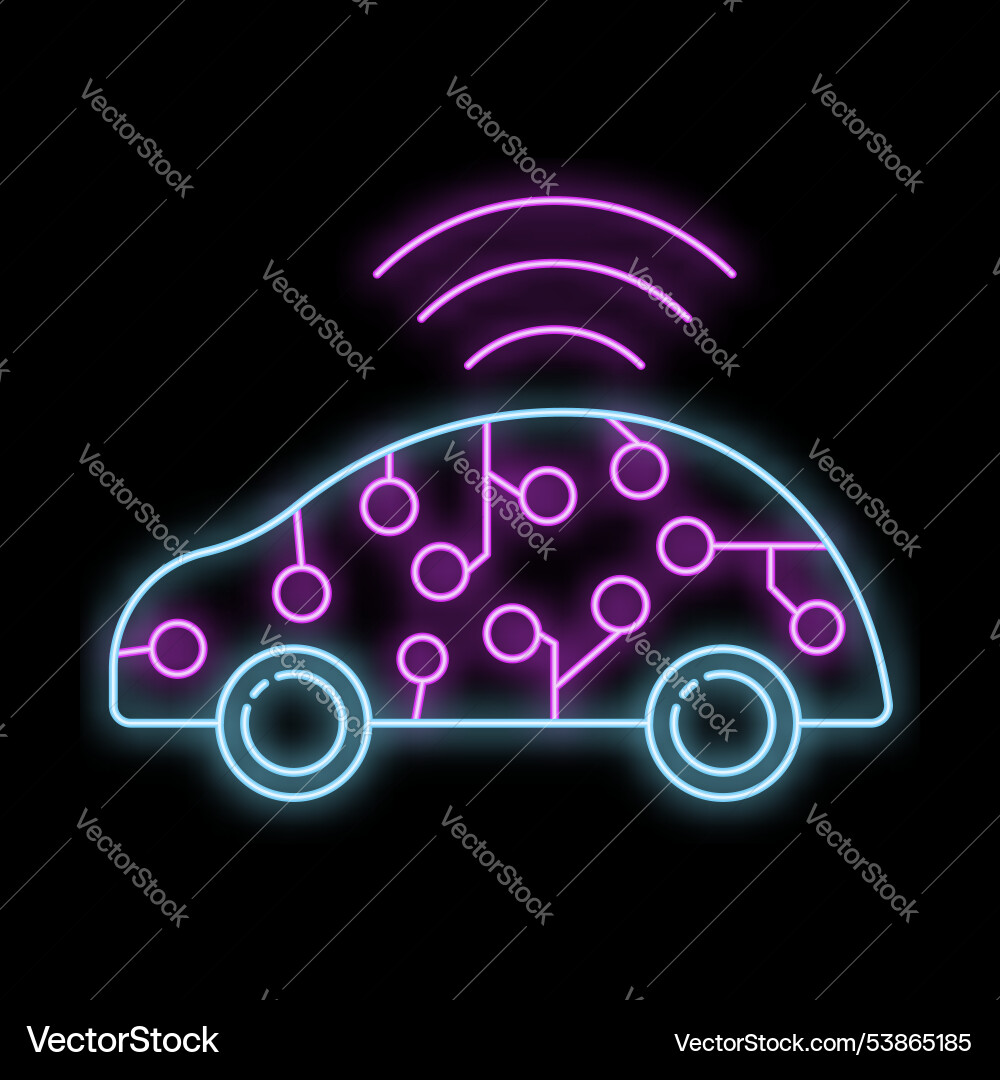 Neon icon of smart car using wireless network Neon icon of smart car using wireless network vector image
