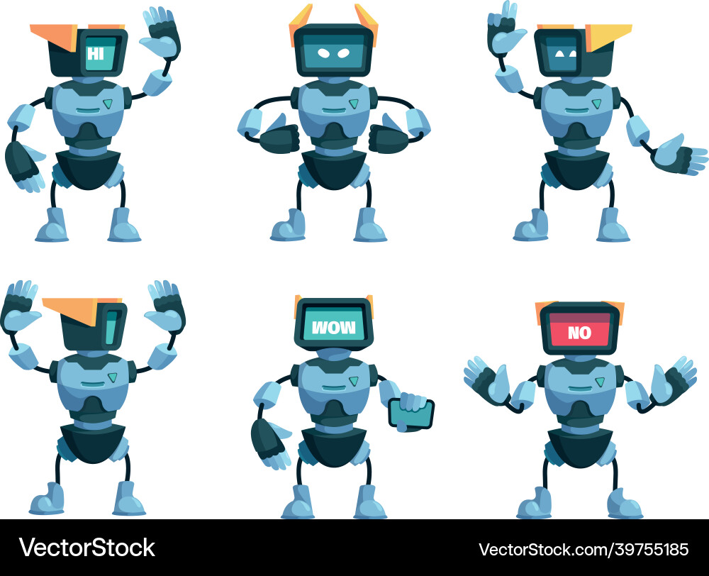 Robot collection funny robotic androids in action Robot collection funny robotic androids in action vector image