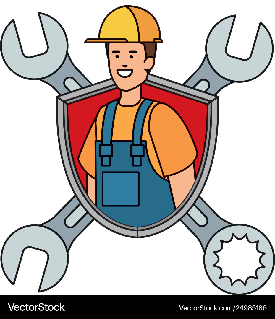 Builder worker with helmet and wrenches in shield Builder worker with helmet and wrenches in shield vector image