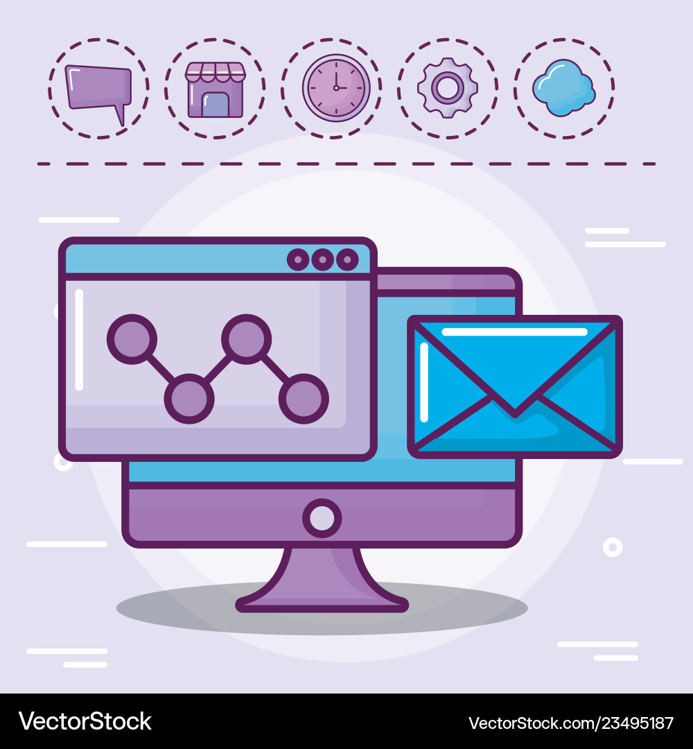 Monitor with envelope mail and set icons Monitor with envelope mail and set icons Vector Image