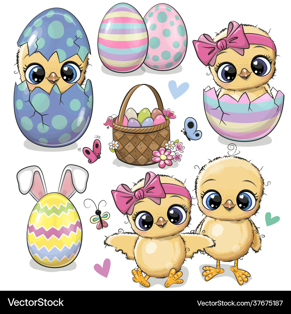 Set with eggs and cute cartoon chickens vector image