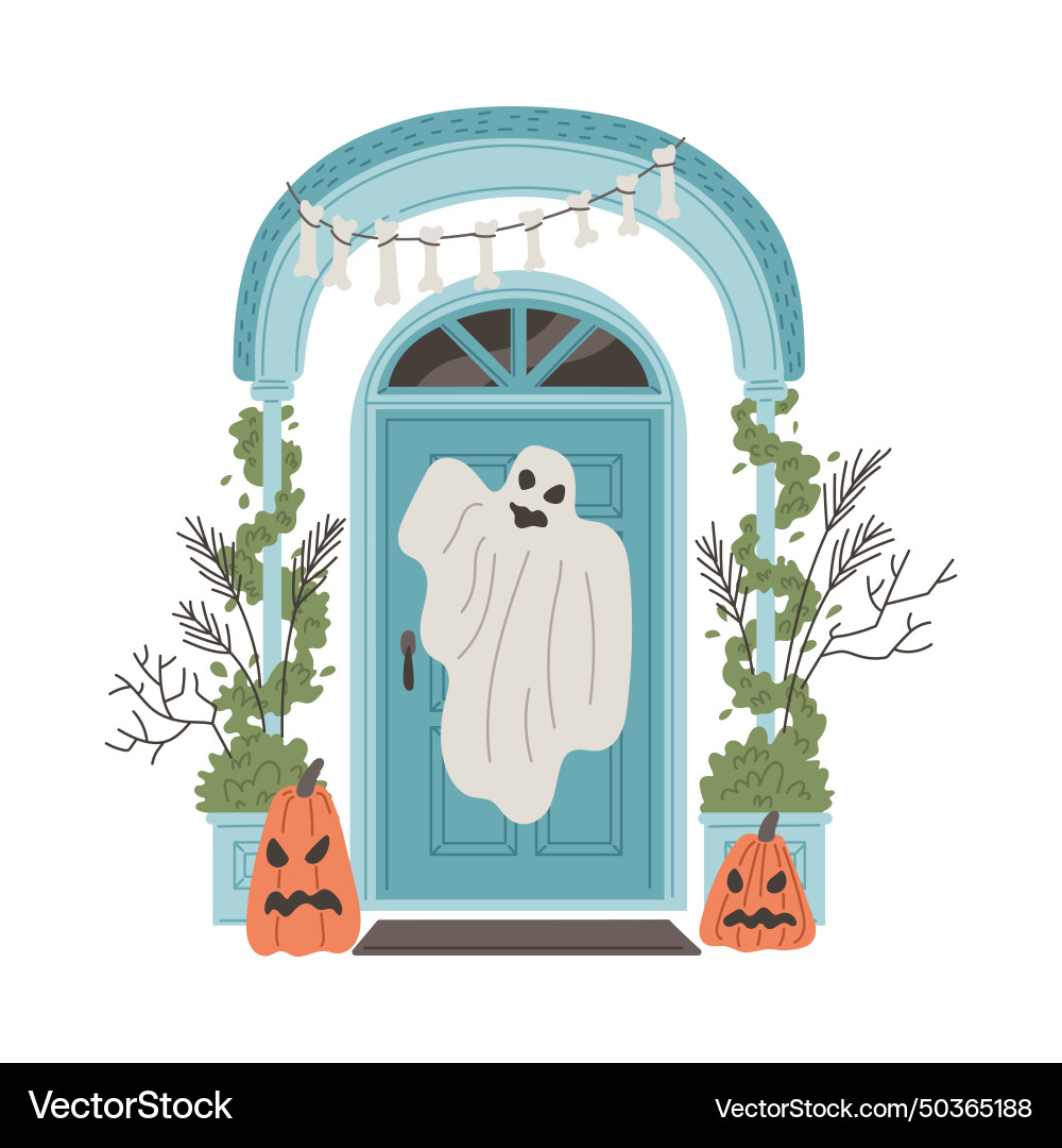 Entrance blue door decorated for halloween ghost Entrance blue door decorated for halloween ghost Vector Image