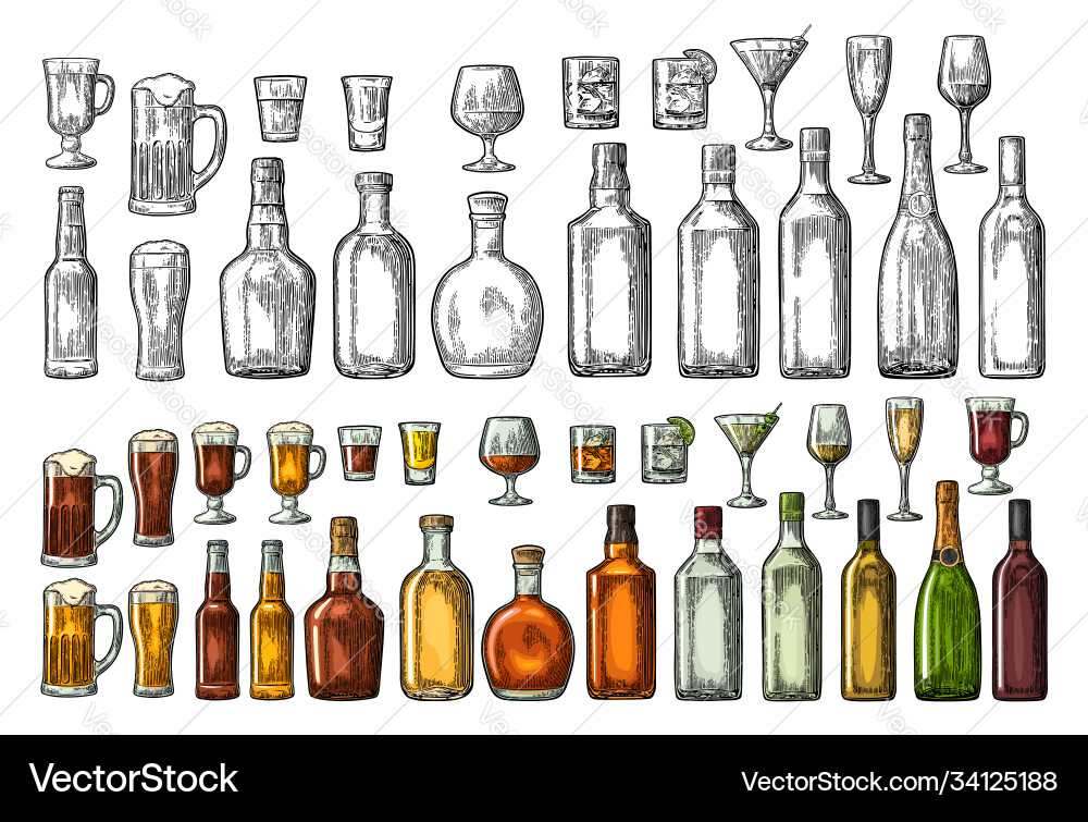 Set Glas und Flasche Bier Whisky Wein Gin Rum Set Glas und Flasche Bier Whisky Wein Gin Rum vektorbild