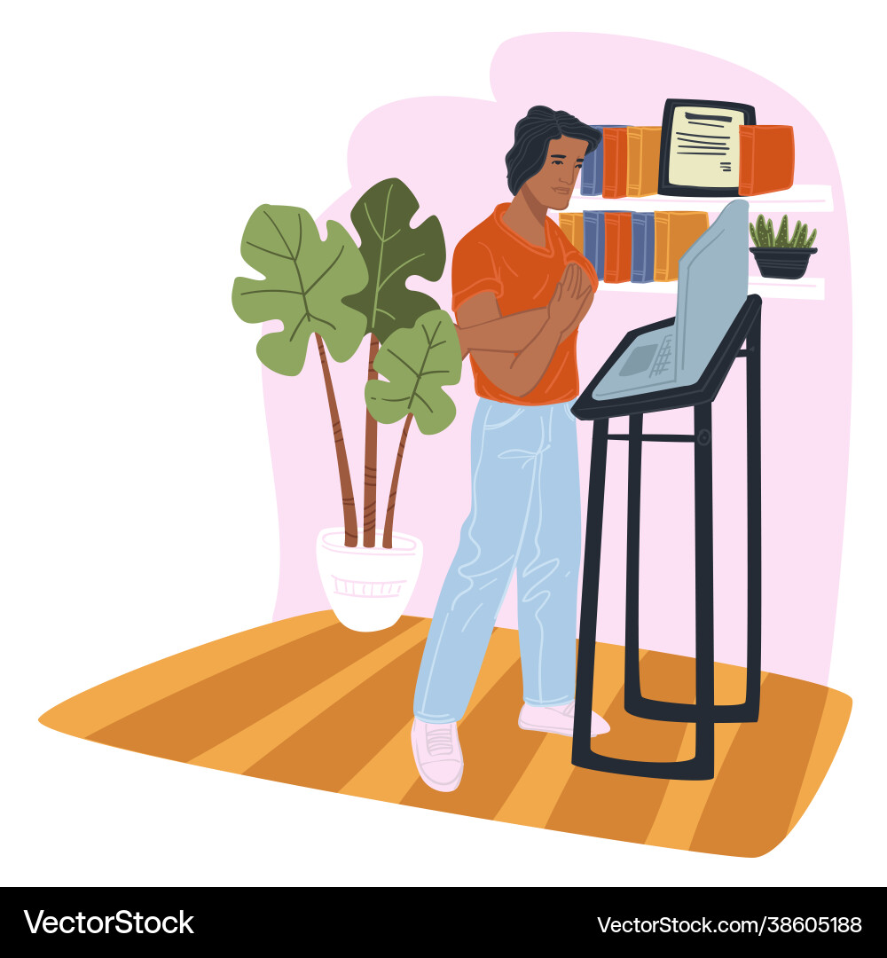 Standing man working in home office laptop Standing man working in home office laptop vector image