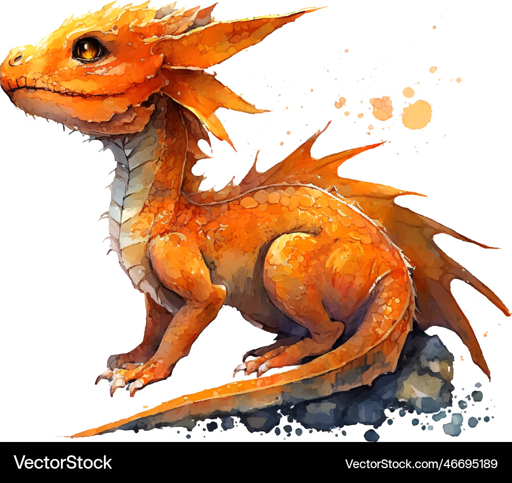 Watercolor red orange little cute baby dragon Vector Image